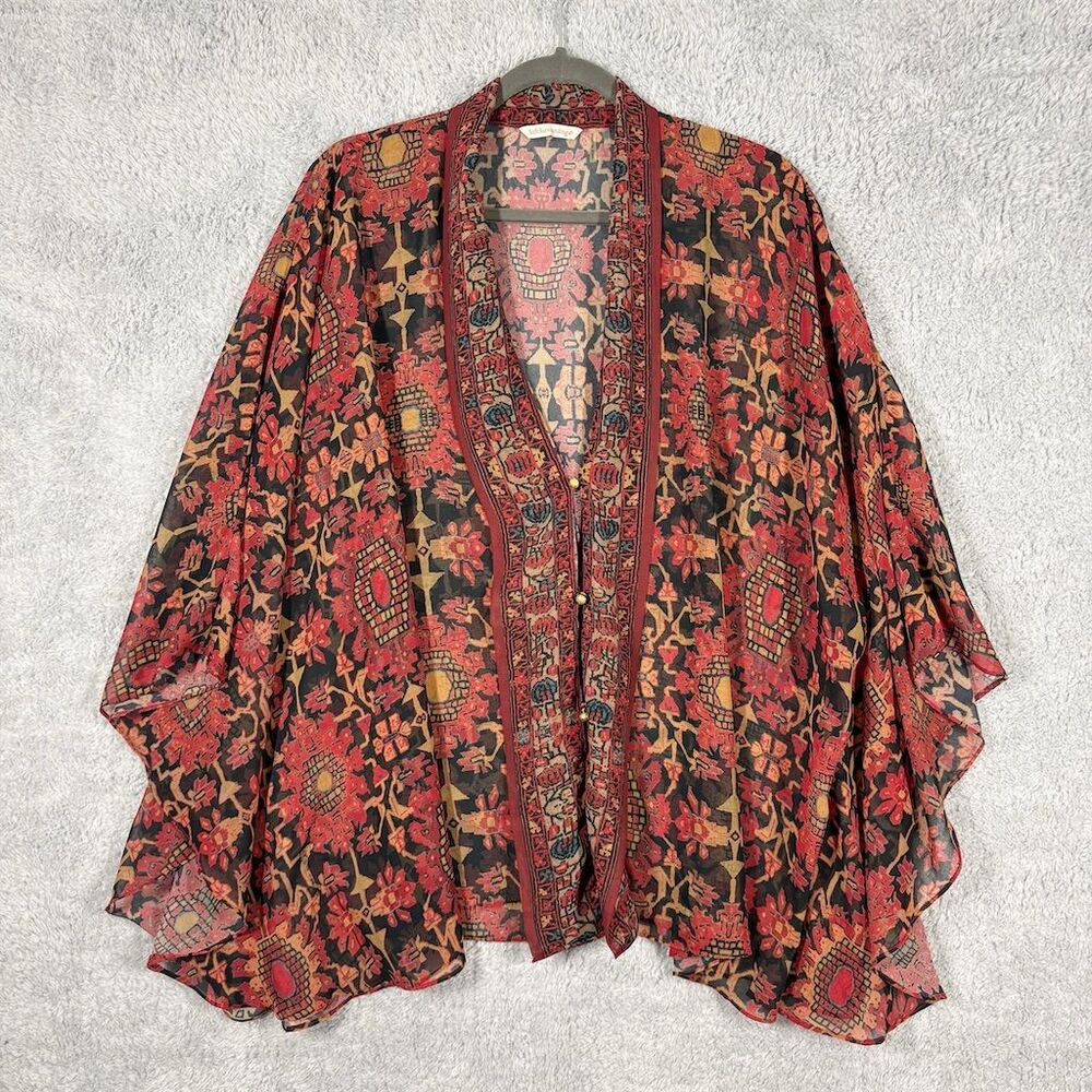 Soft Surroundings Florence Kimono Topper Size L Tuscan Floal Print‎ Red Sheer